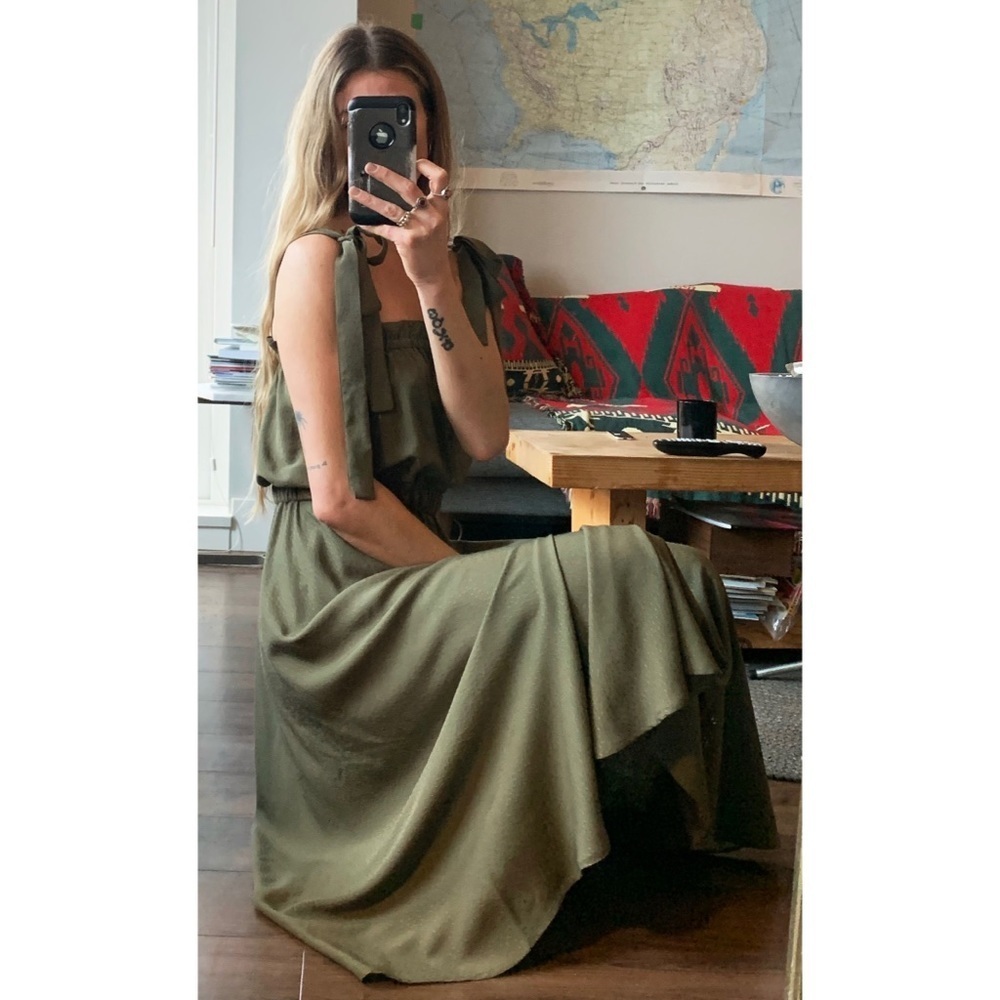 Handmade Custom Rust Clay Olive Green and Red Midi Tie Strap Rayon Ruffle Dress - Picture 9 of 16